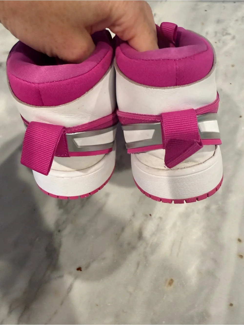 Jordan Pink and White Mid-Top Sneakers with Silver Swoosh